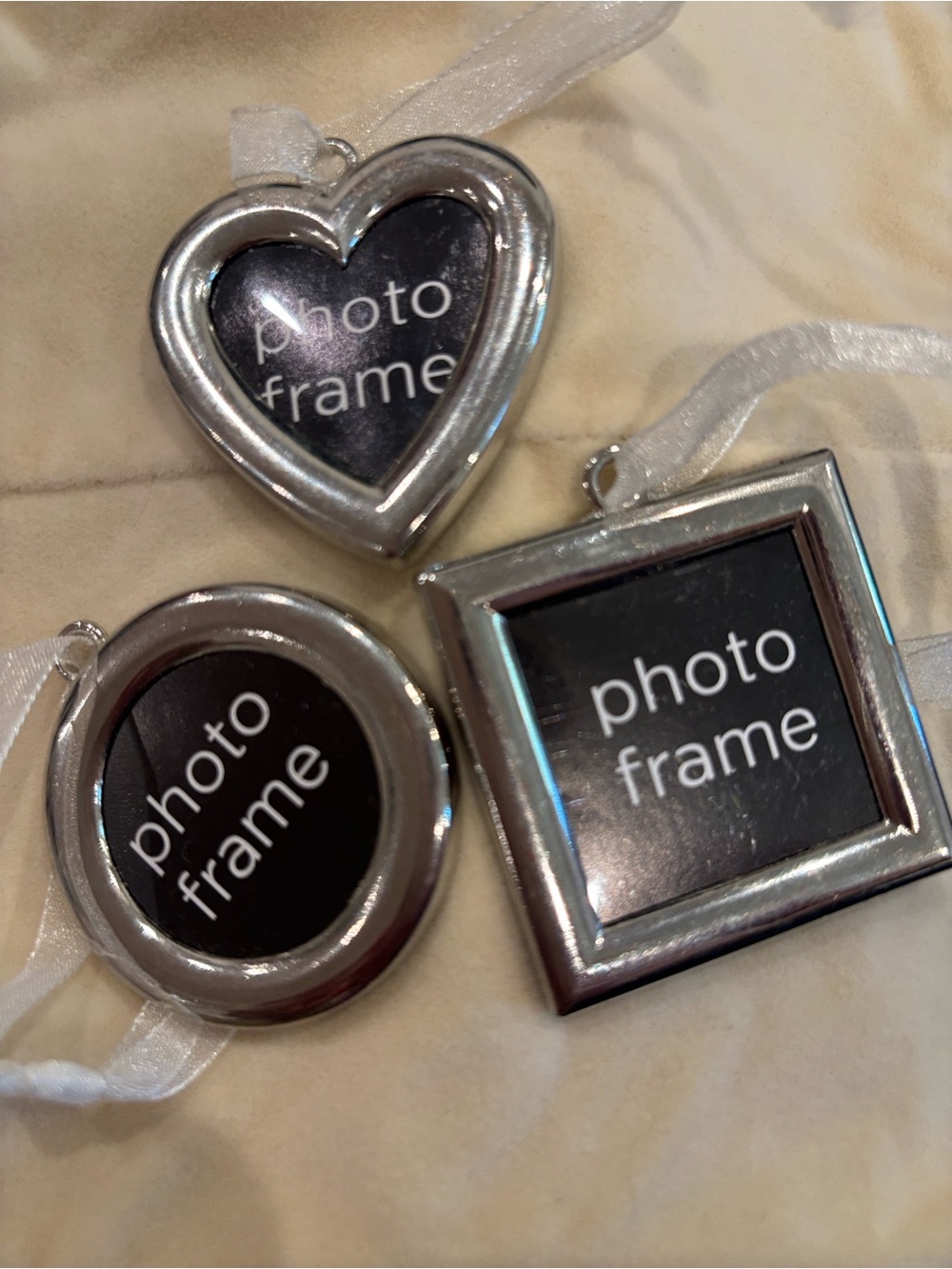Set of 3 Silver Mini Photo Frame Ornaments - Heart, Circle, Square